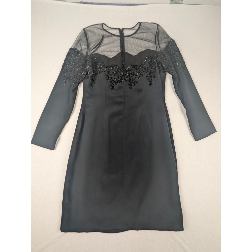 Oleg Cassini Black Tie Silk Beaded Illusion Dress Black Long Sleeve Size 8 - Picture 15 of 16